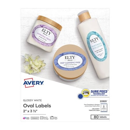 Avery, OVAL LABELS W/ SURE FEED AND EASY PEEL, 2 X 3.33, GLOSSY WHITE, 80PK